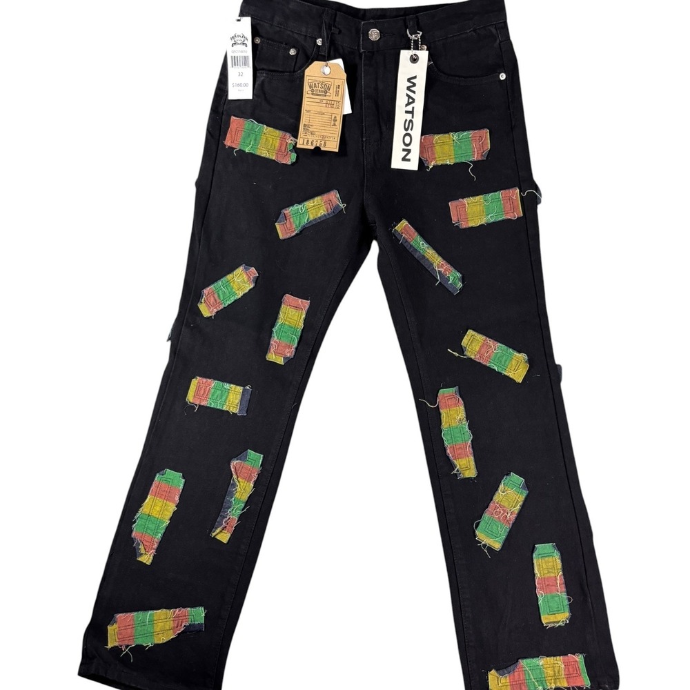 Watson Baggy‎ Fit Jeans Mens 32 Black All Over Frayed Patchwork Denim Dark Wash